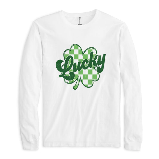 Long Sleeve T-Shirt White-St. Patrick's Day Lucky Checker Shamrock -0