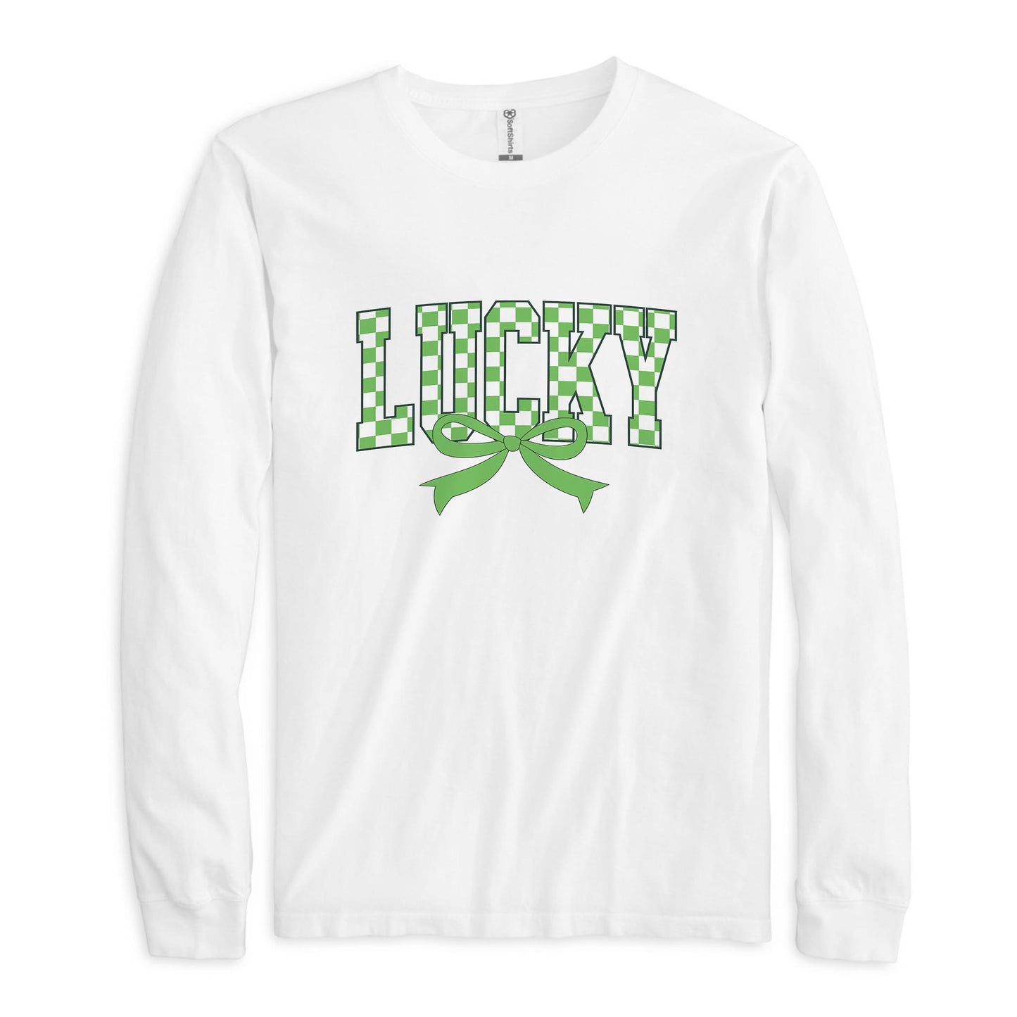 Long Sleeve T-Shirt White-St. Patrick's Day Lucky Checker Bow -0