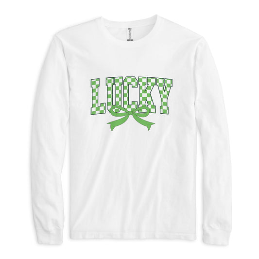 Long Sleeve T-Shirt White-St. Patrick's Day Lucky Checker Bow -0