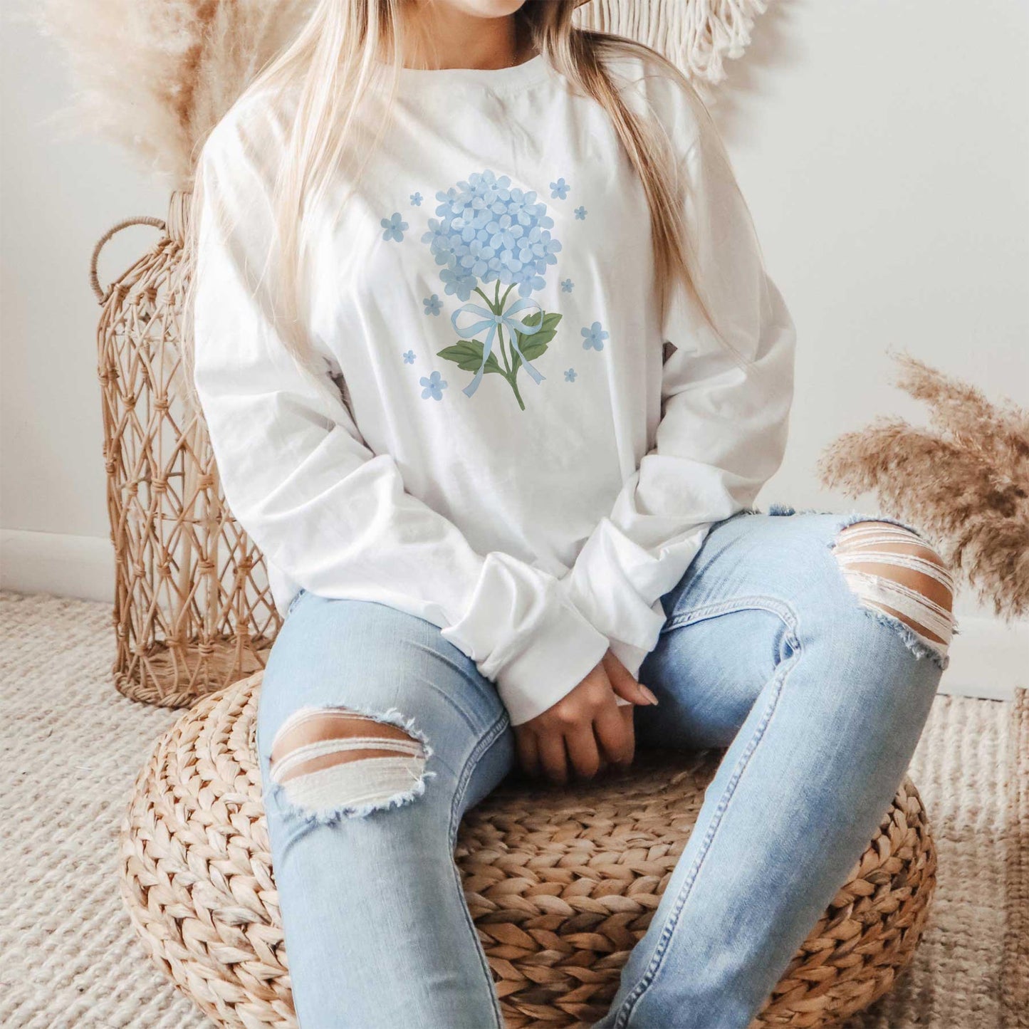 Long Sleeve T-Shirt White-Hydrangea Cottage -1