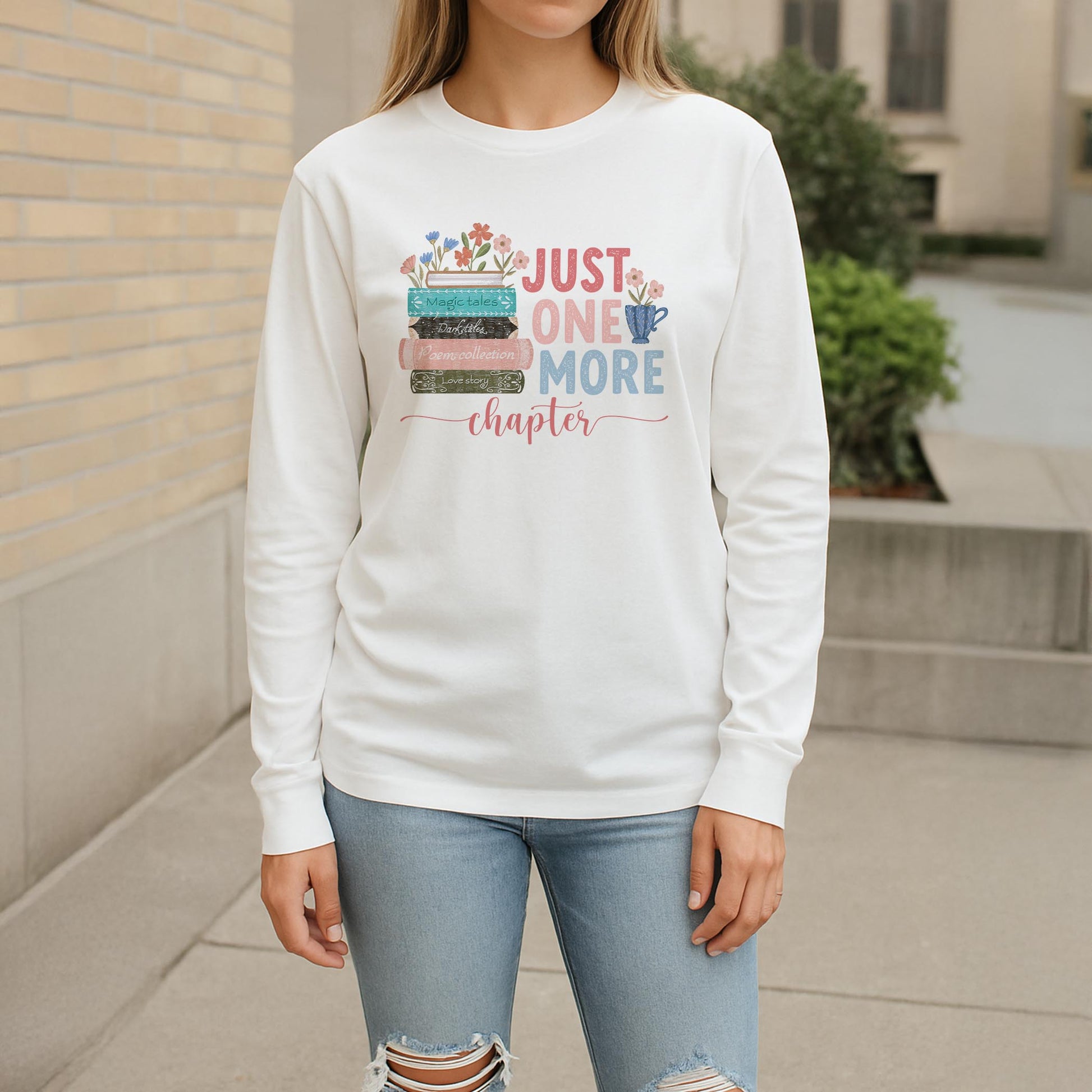 Long Sleeve T-Shirt White-Pretty Little Chapters Just One More Chapter -2