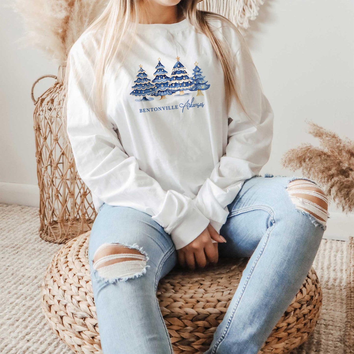 Long Sleeve T-Shirt White-Love+Local Blue Noel - A Grand Millennial Christmas -1