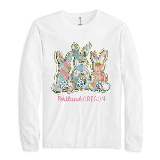 Long Sleeve T-Shirt White-Love+Local Watercolor Easter Bunny Trio -0