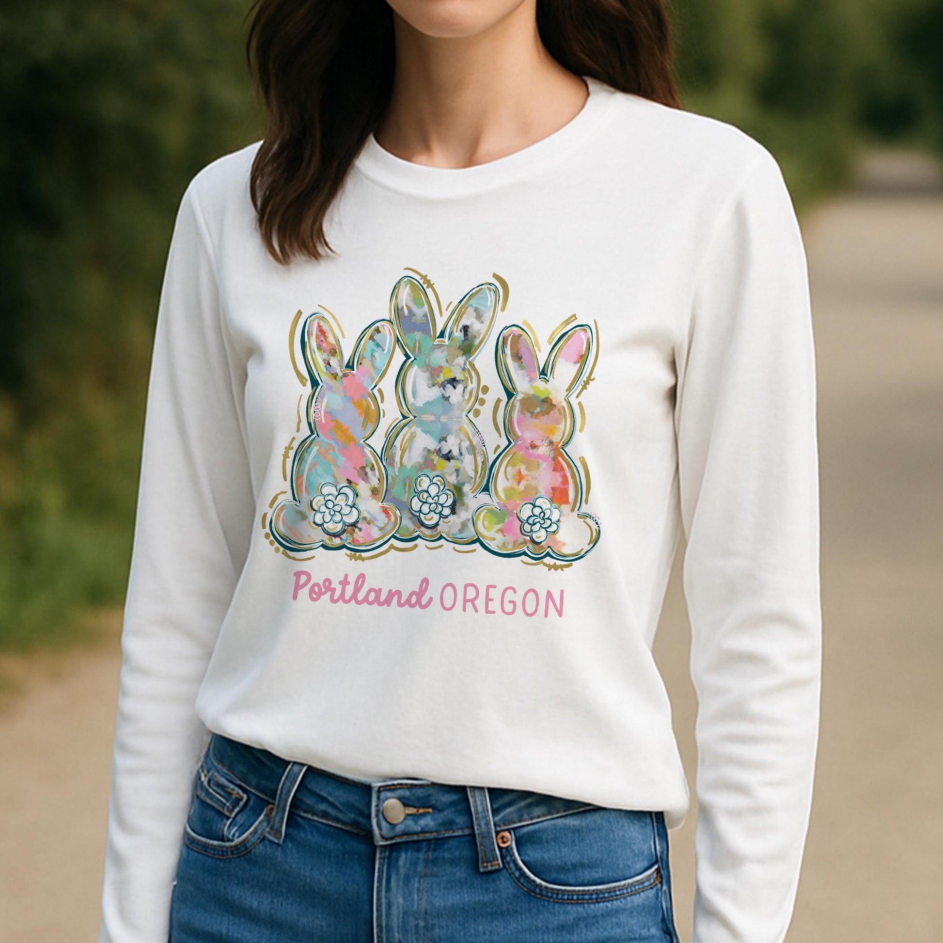 Long Sleeve T-Shirt White-Love+Local Watercolor Easter Bunny Trio -3