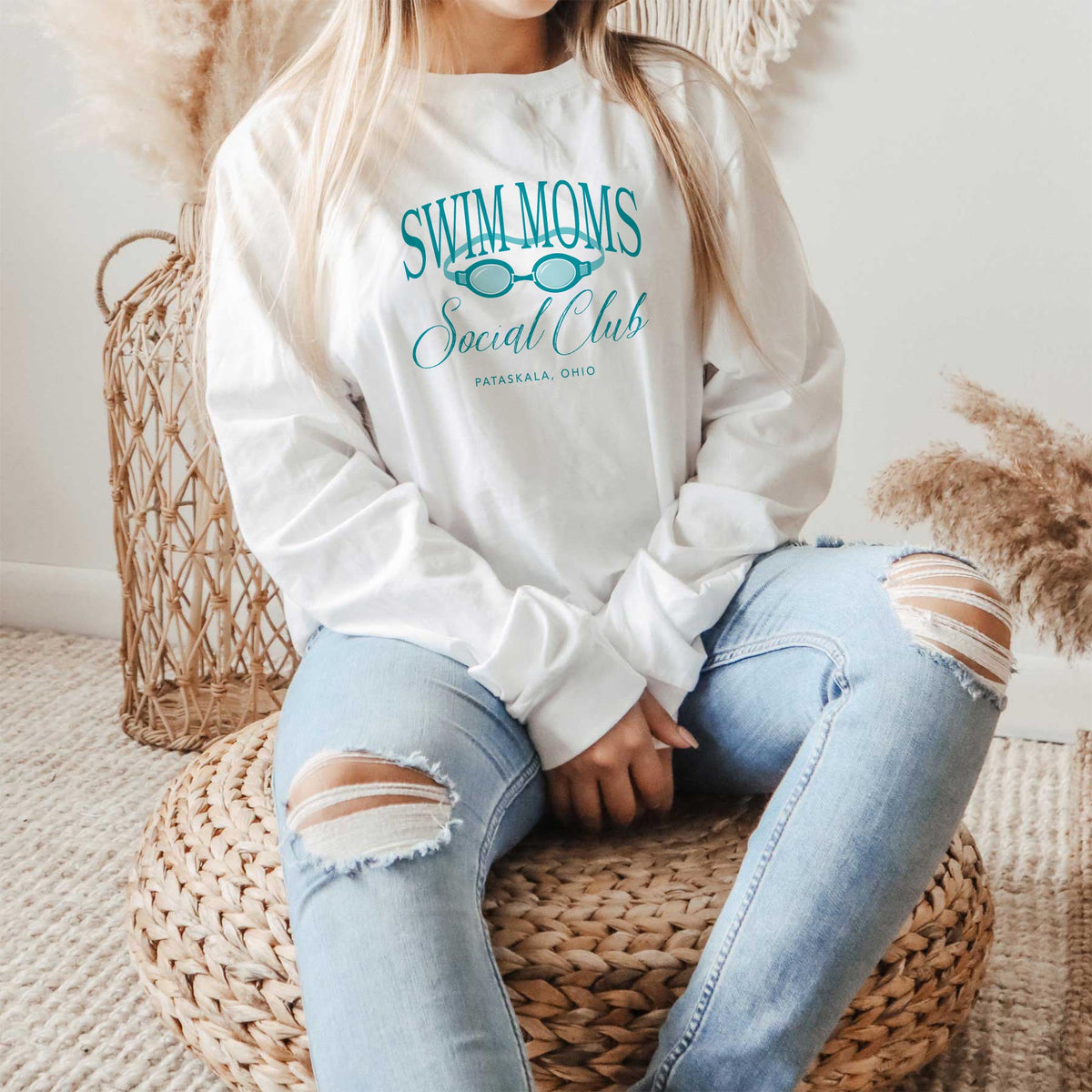 Long Sleeve T-Shirt White-Swim Mom | School Team | City & State -1