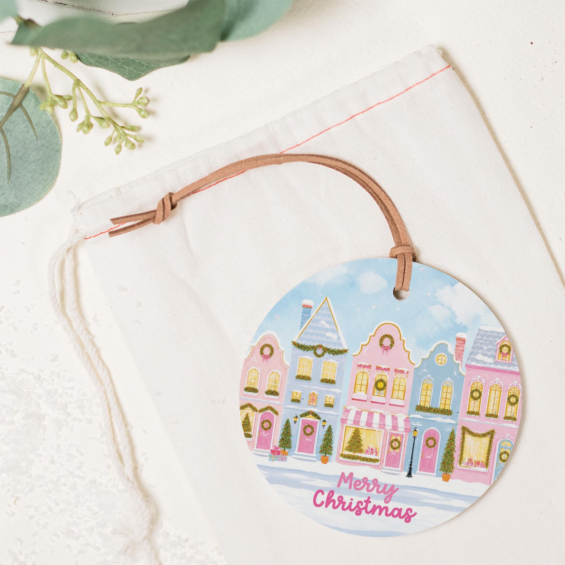 4" Round Ornament-Pastel Christmas Townhomes -1