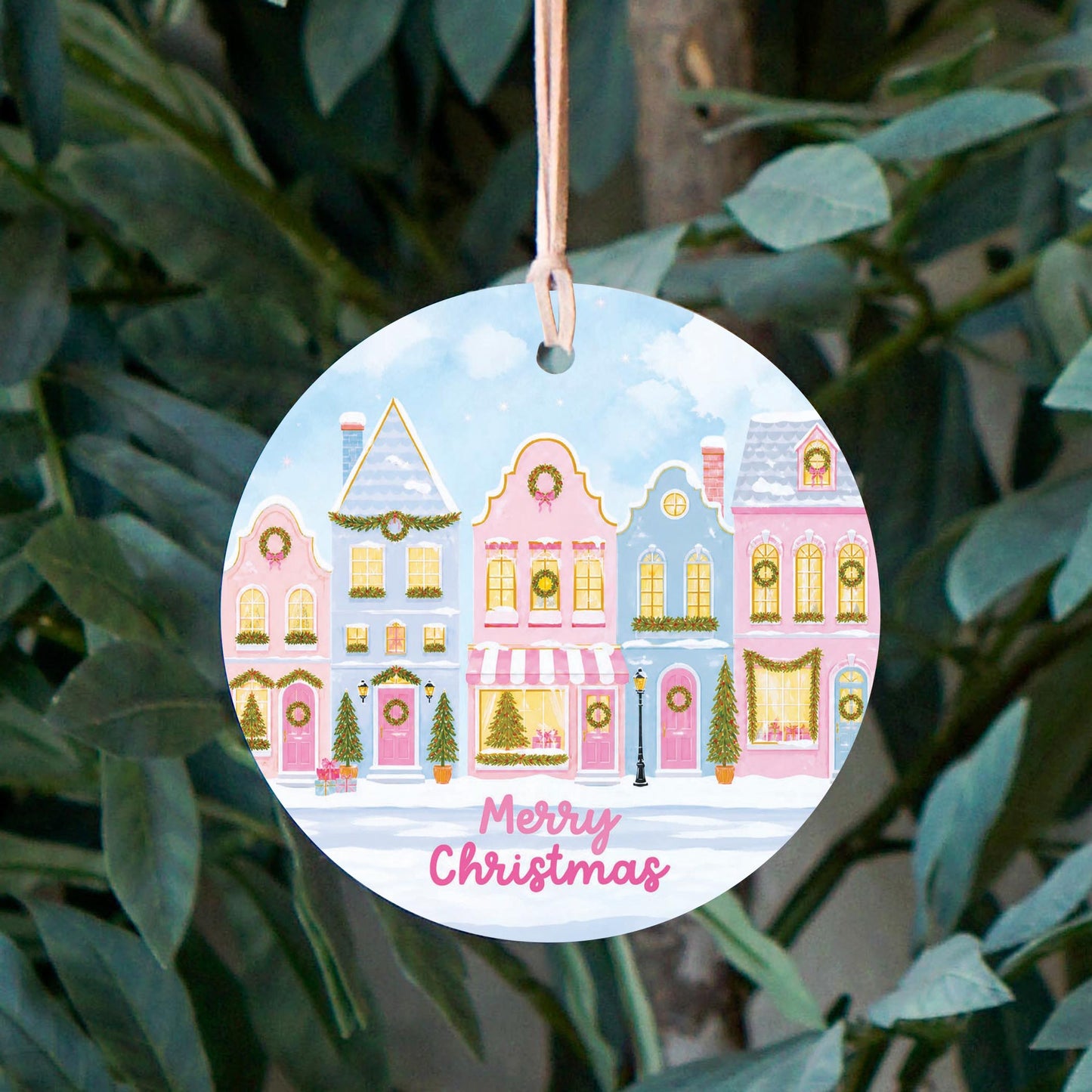 4" Round Ornament-Pastel Christmas Townhomes -2