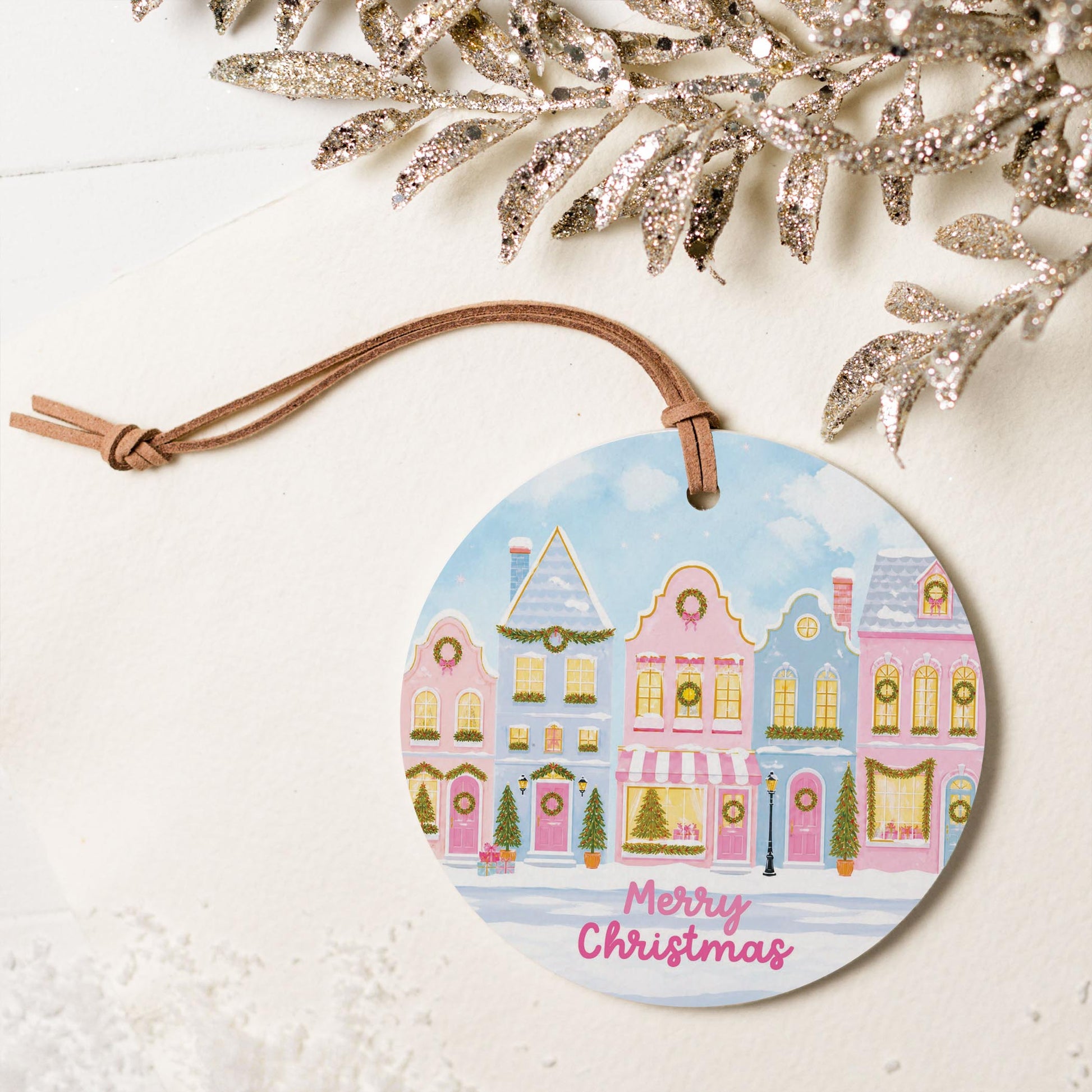 4" Round Ornament-Pastel Christmas Townhomes -5