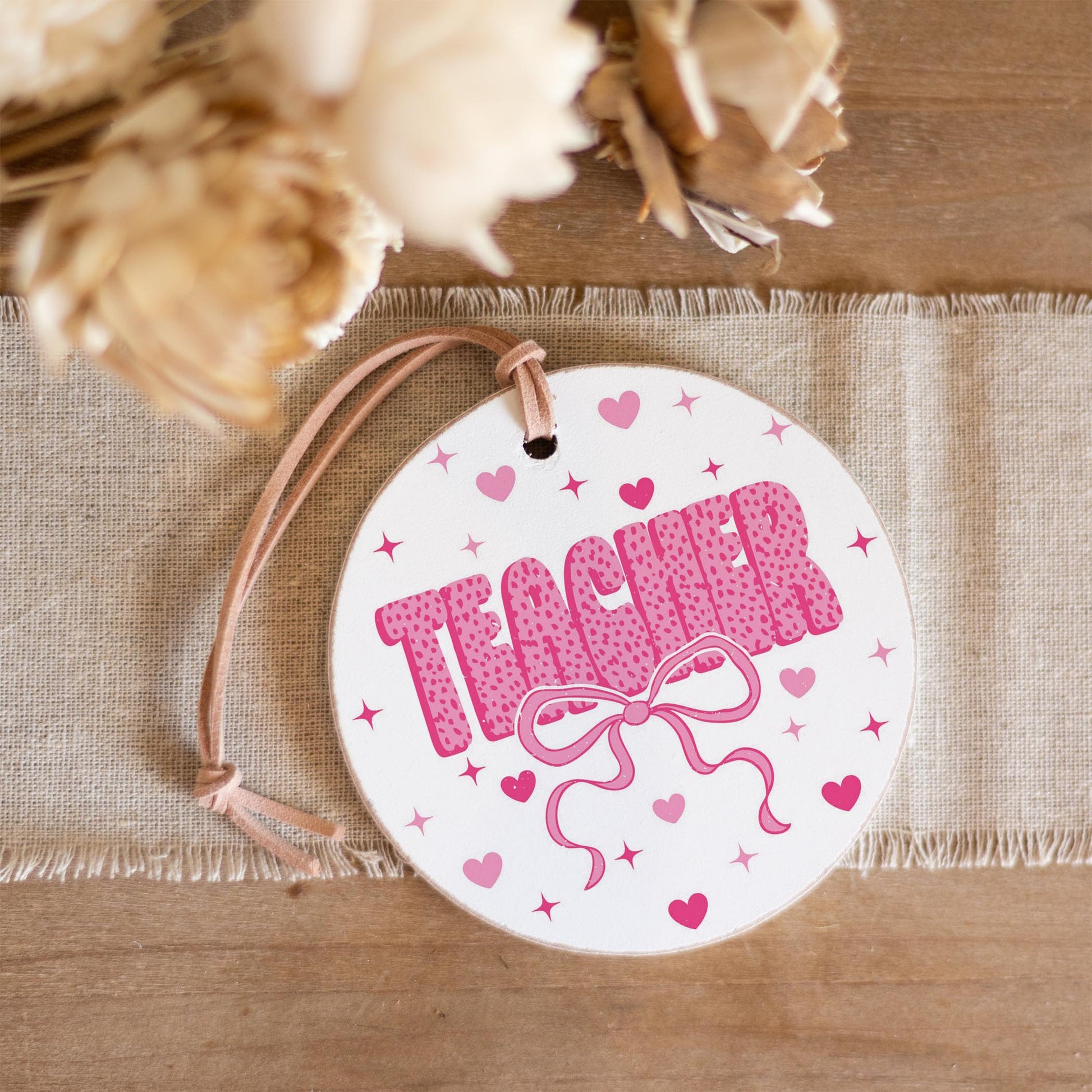 4" Round Ornament-Classroom Coquette Teacher Hearts & Bow -3