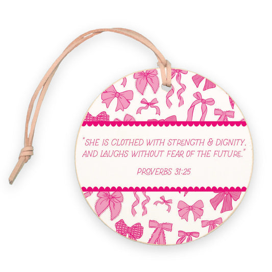 4" Round Ornament-Pink Bows She Is Clothed