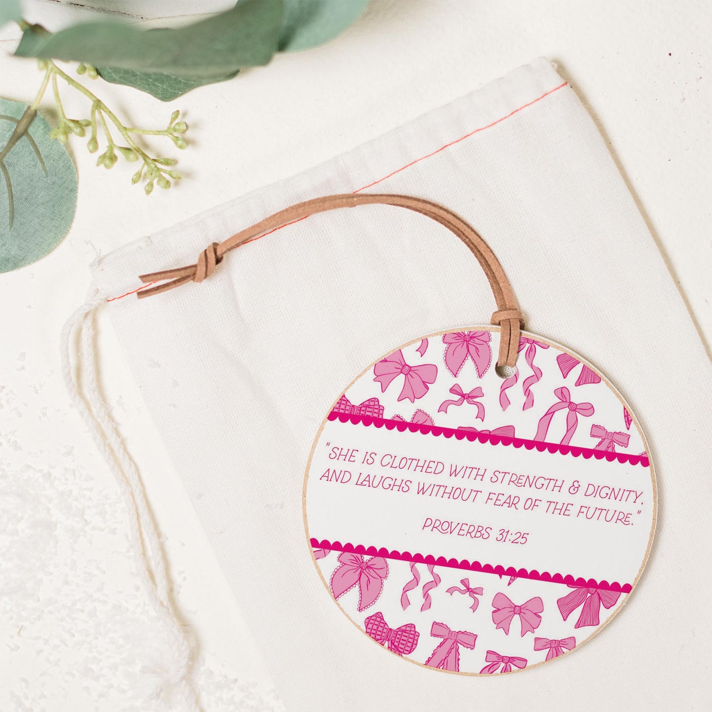 4" Round Ornament-Pink Bows She Is Clothed