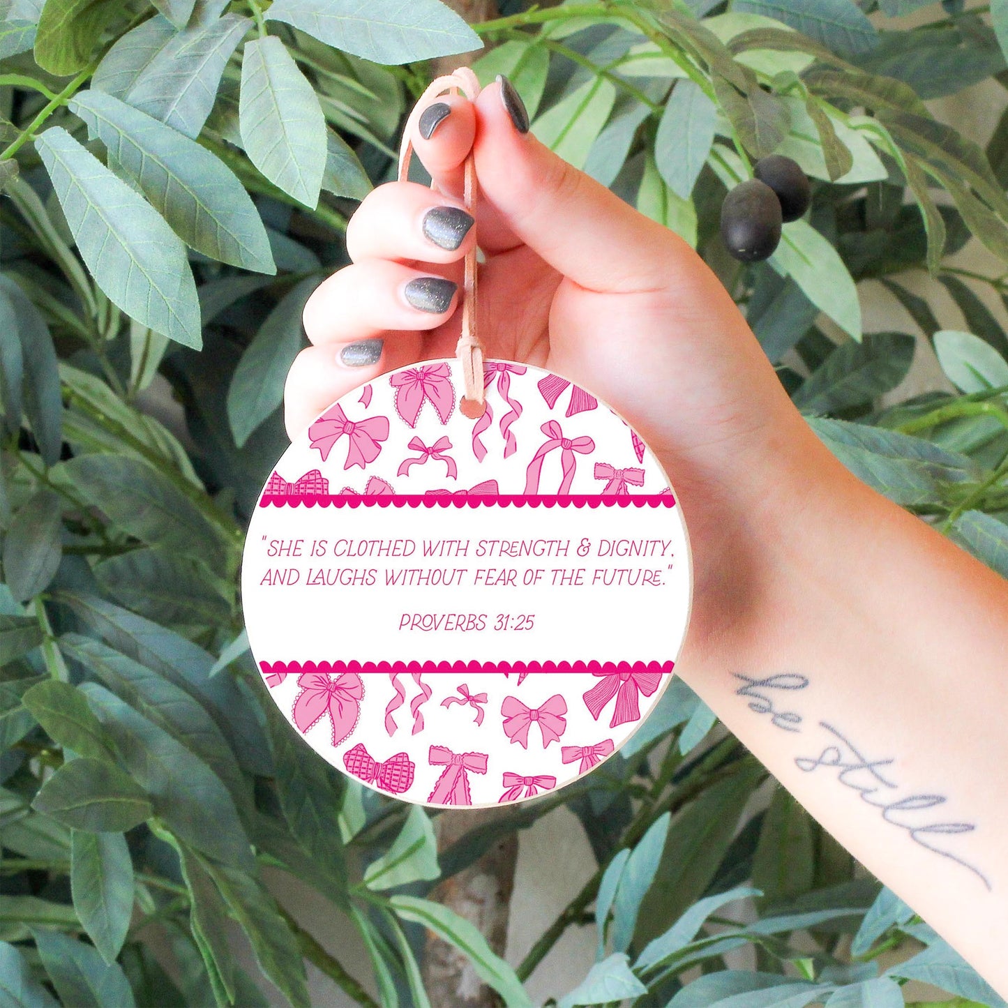 4" Round Ornament-Pink Bows She Is Clothed