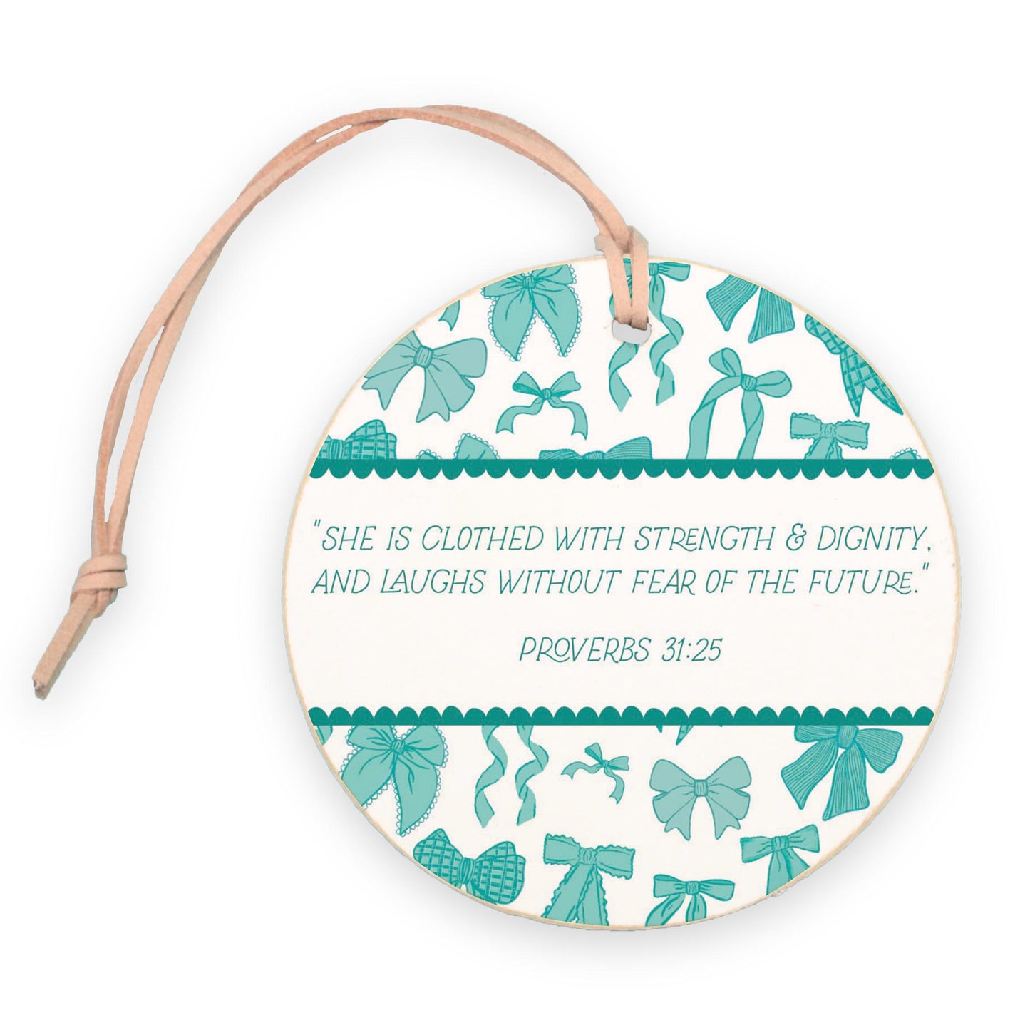 4" Round Ornament-Blue Bows She Is Clothed