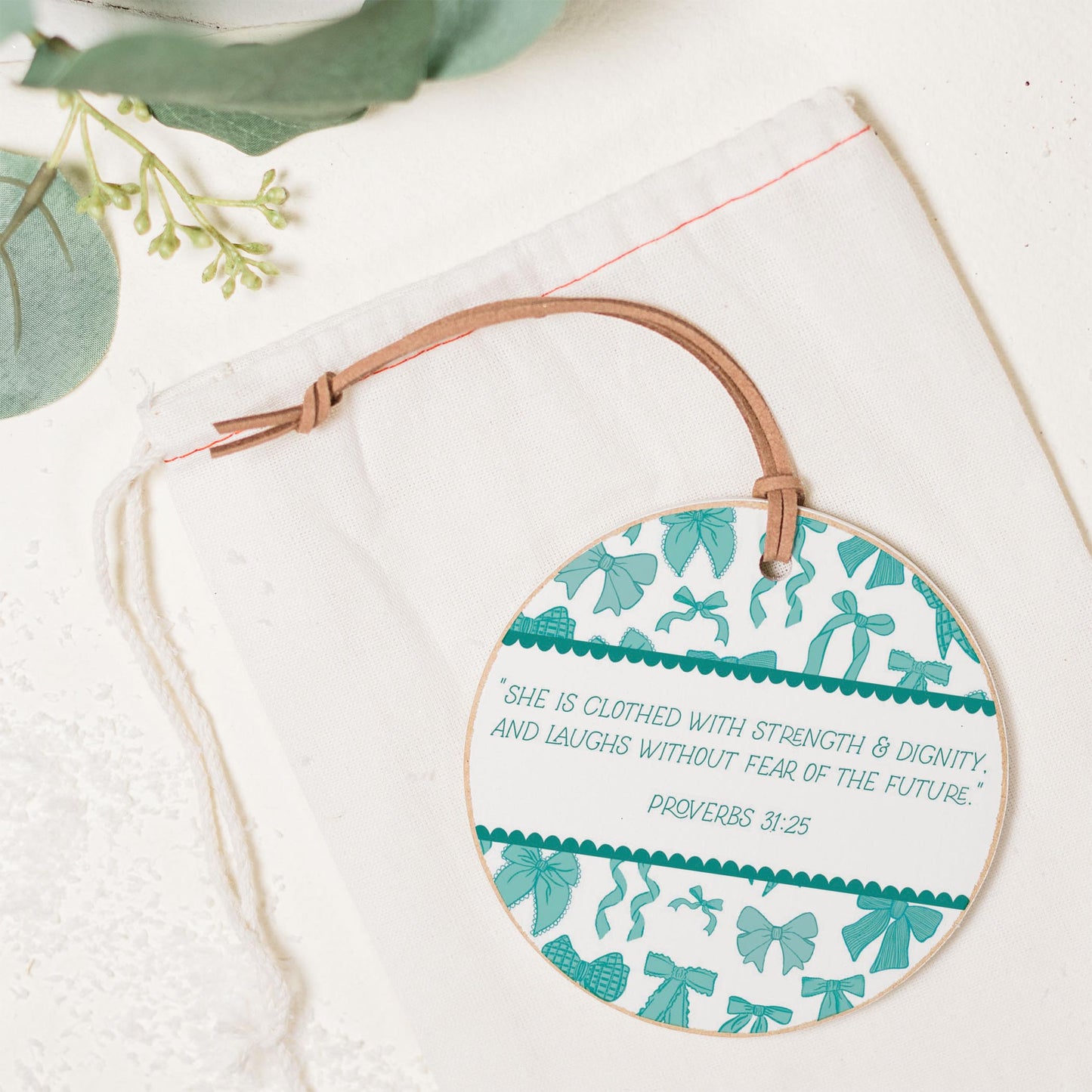 4" Round Ornament-Blue Bows She Is Clothed