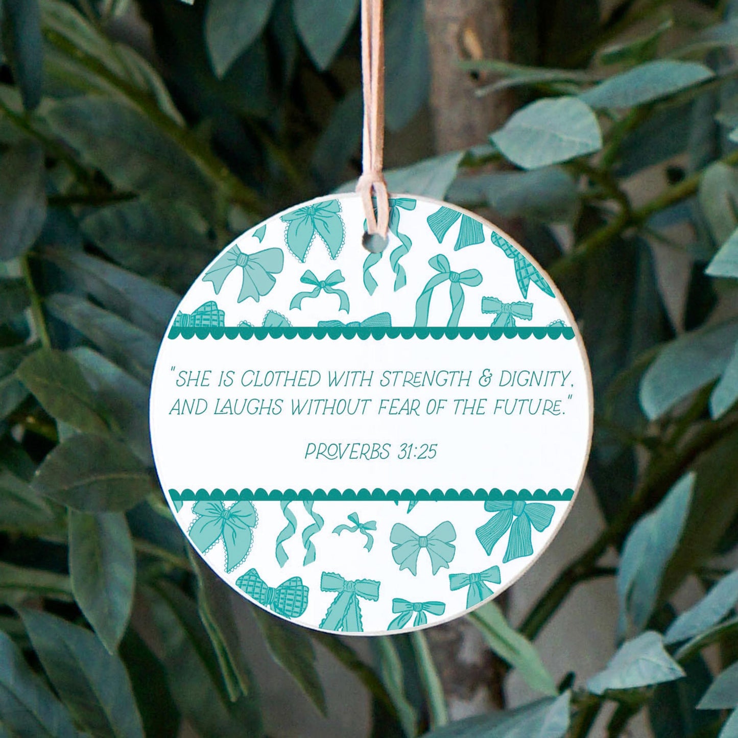 4" Round Ornament-Blue Bows She Is Clothed