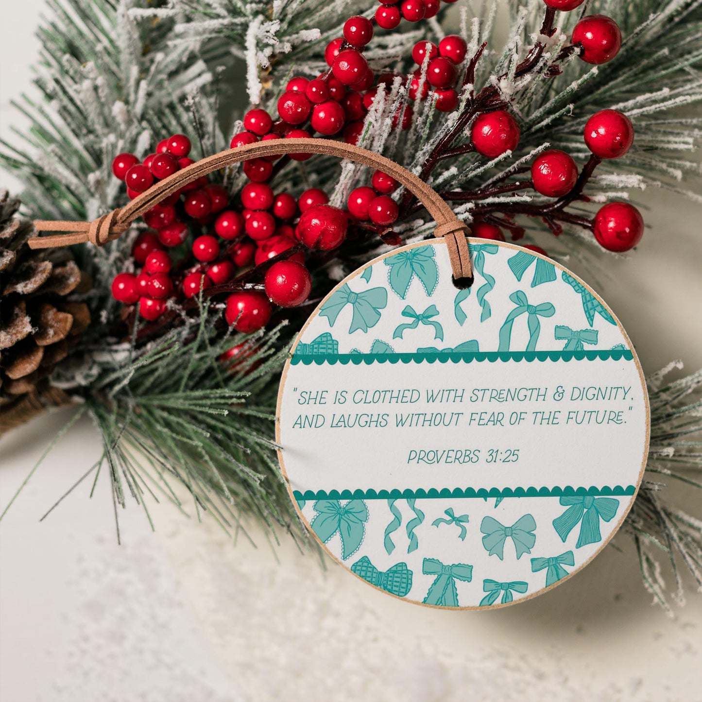 4" Round Ornament-Blue Bows She Is Clothed