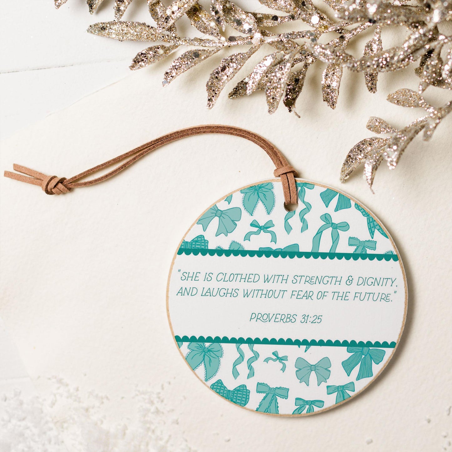 4" Round Ornament-Blue Bows She Is Clothed