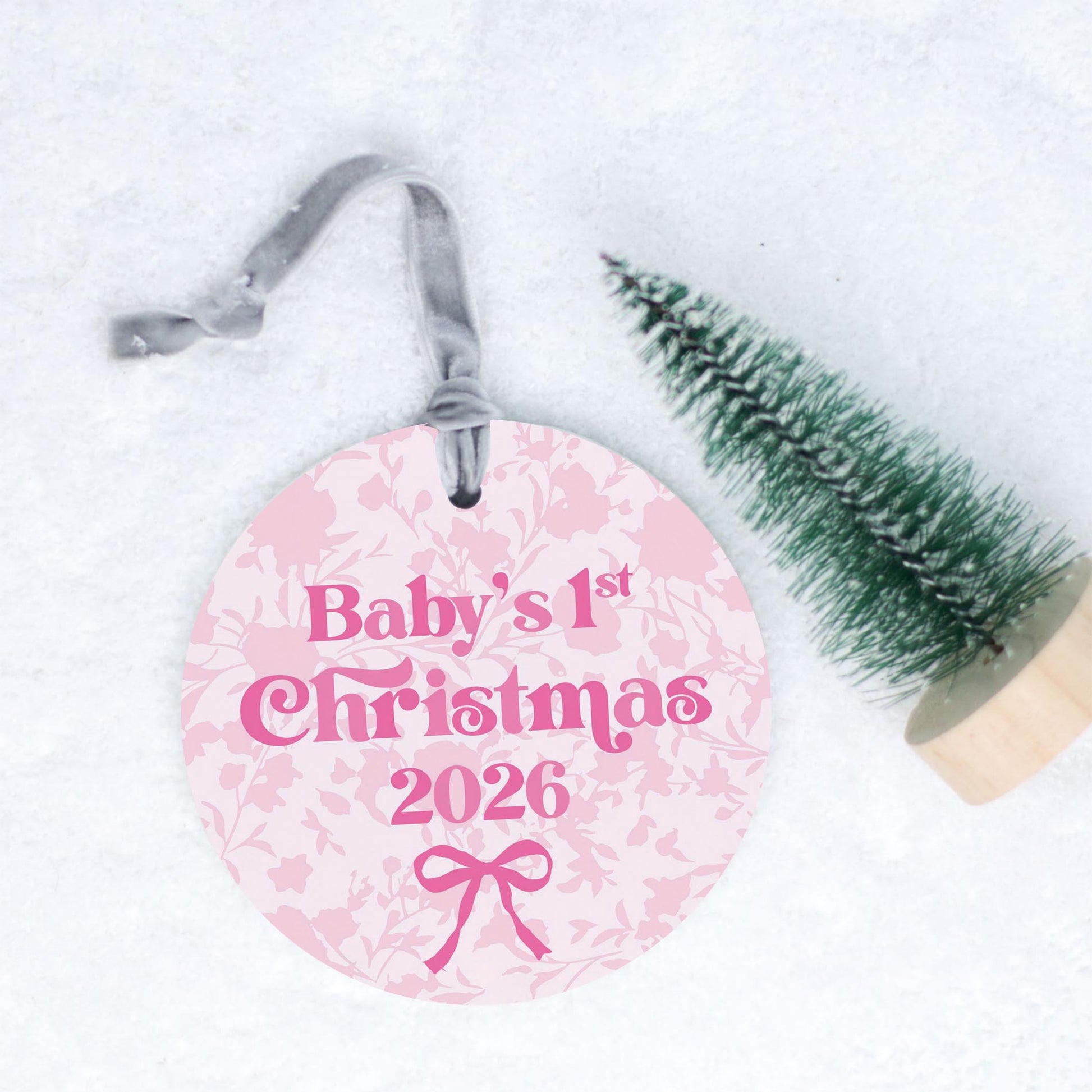 4" Round Ornament Silver Ribbon-Baby's 1st Christmas 2026 Pink -0