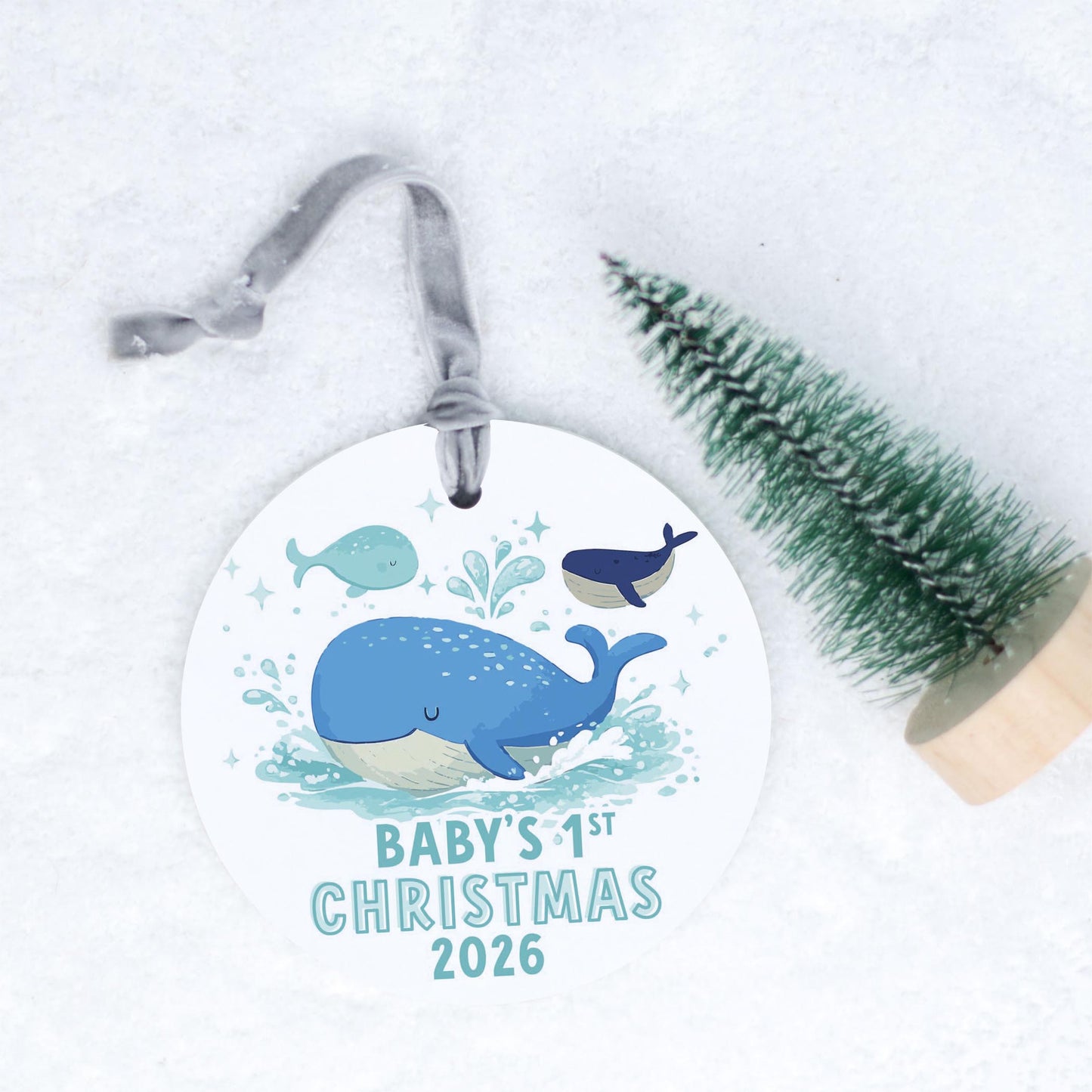 4" Round Ornament Silver Ribbon-Baby's 1st Christmas 2026 Whales -0