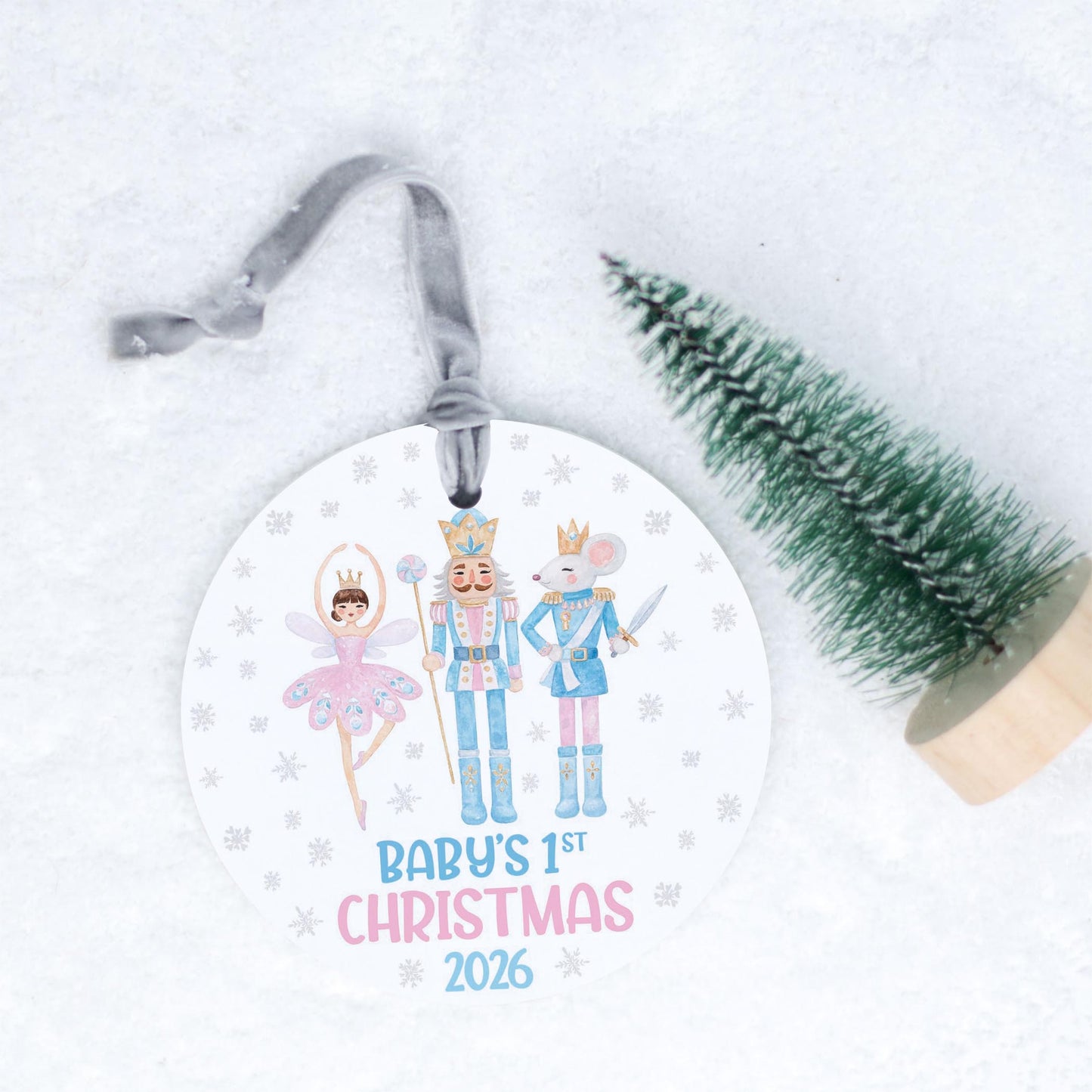 4" Round Ornament Silver Ribbon-Baby's 1st Christmas 2026 Nutcracker -0