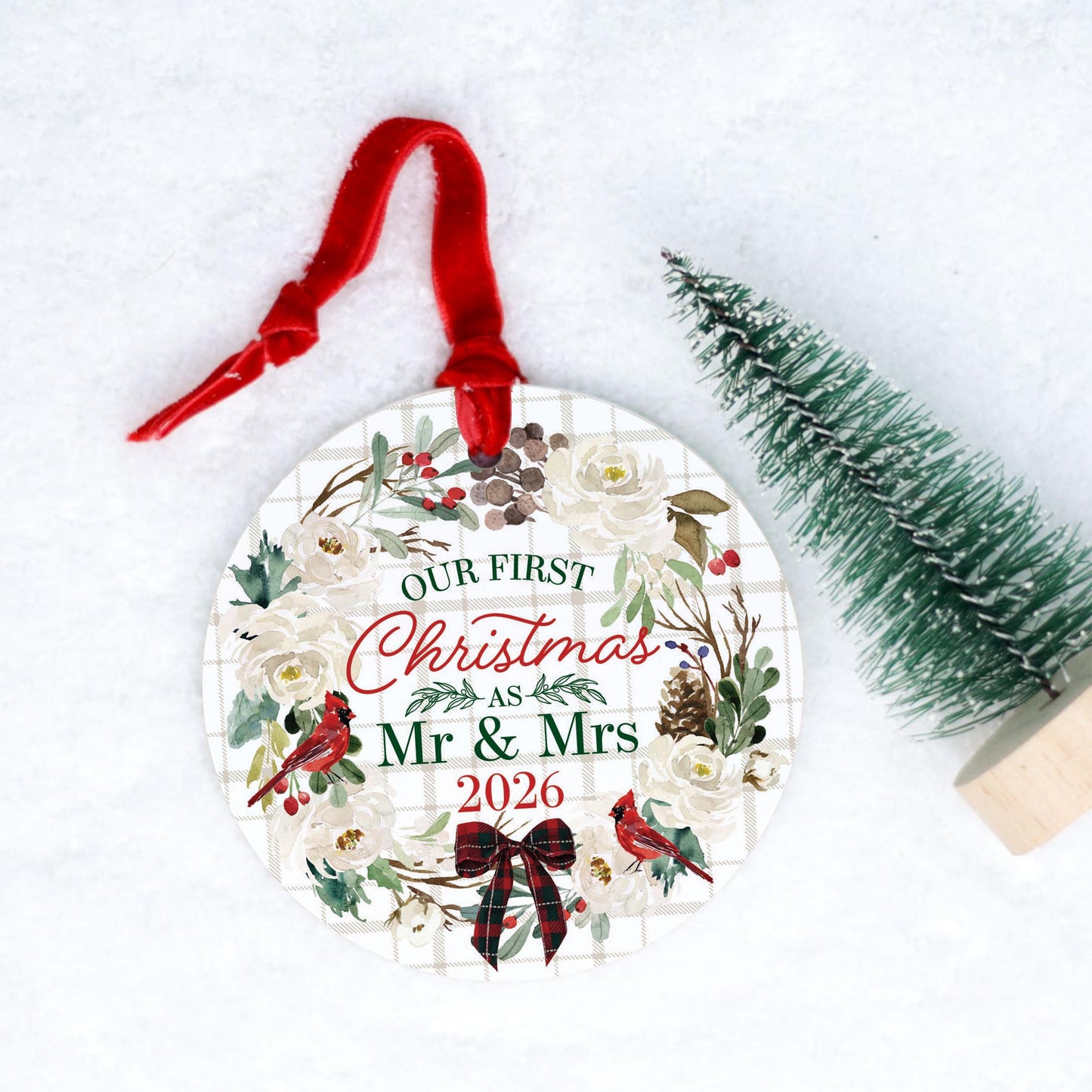 4" Round Ornament Red Ribbon-First Christmas As Mr & Mrs 2026 -0