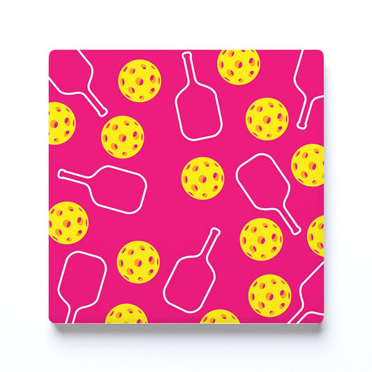Ceramic Square Coaster-Pink Pickleball Pattern -0