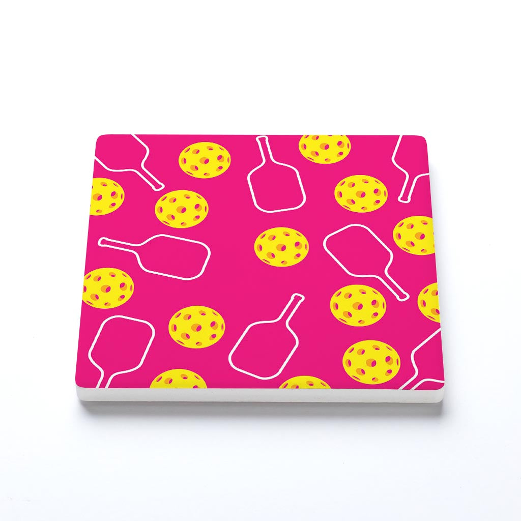 Ceramic Square Coaster-Pink Pickleball Pattern -1
