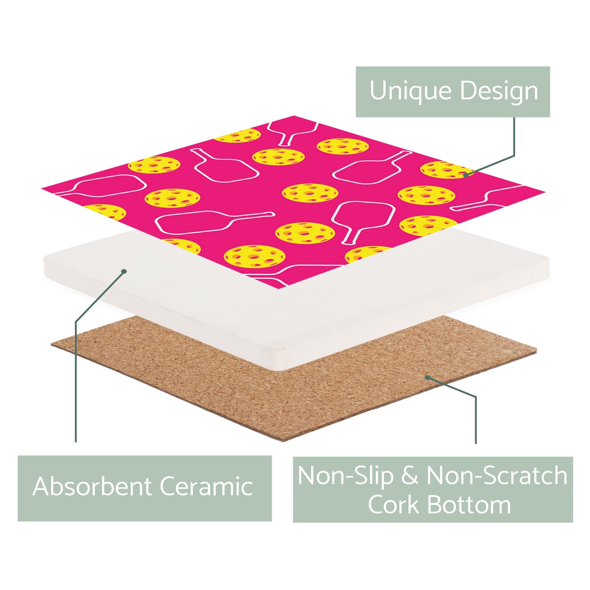 Ceramic Square Coaster-Pink Pickleball Pattern -2