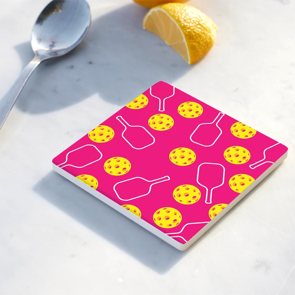 Ceramic Square Coaster-Pink Pickleball Pattern -4