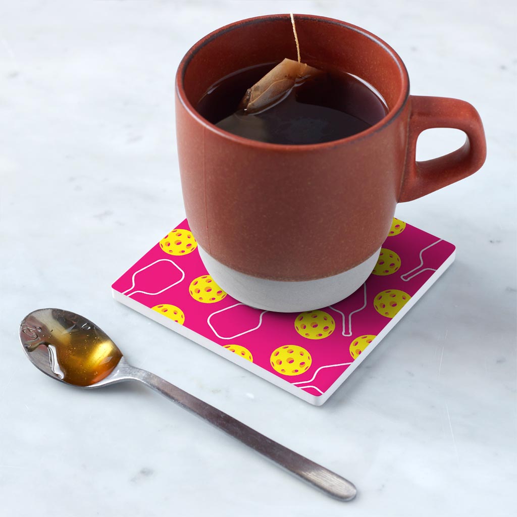 Ceramic Square Coaster-Pink Pickleball Pattern -5