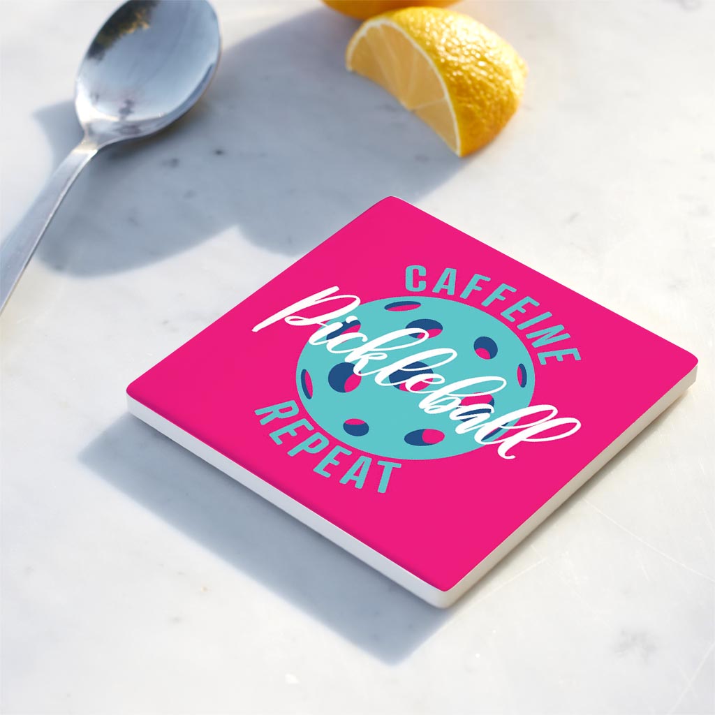 Ceramic Square Coaster-Caffeine Pickleball Repeat -4
