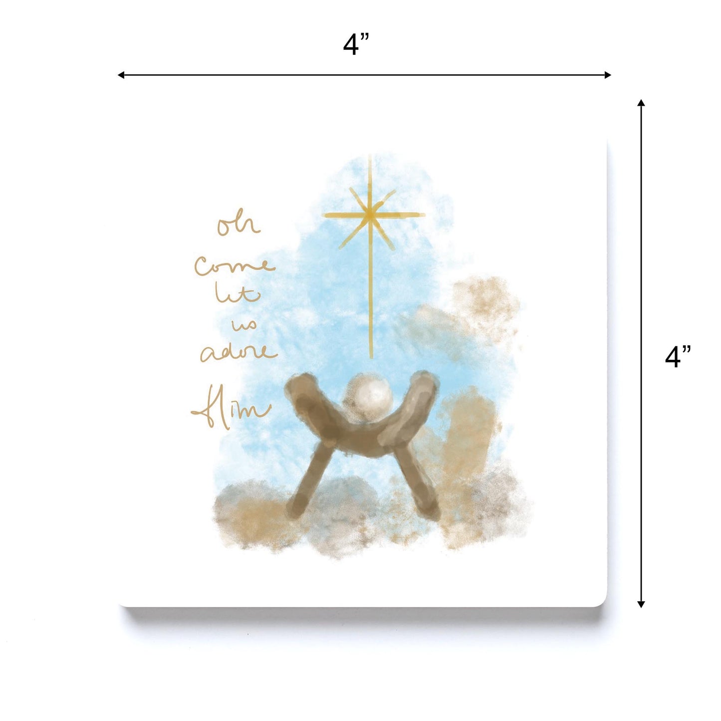 Ceramic Square Coaster-Let Us Adore Him Watercolor Manger