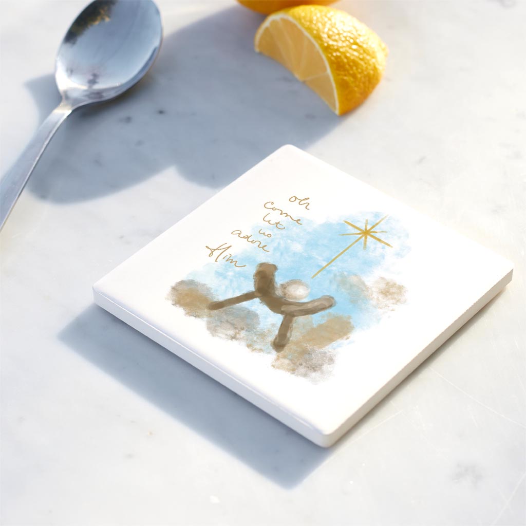 Ceramic Square Coaster-Let Us Adore Him Watercolor Manger