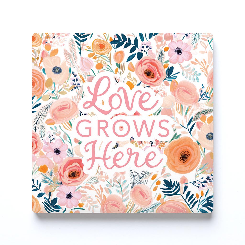 Ceramic Square Coaster-Love Grows Here -0