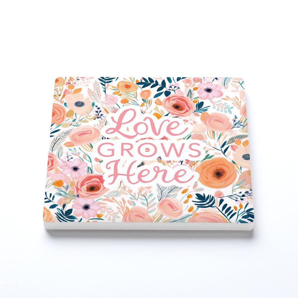 Ceramic Square Coaster-Love Grows Here -1