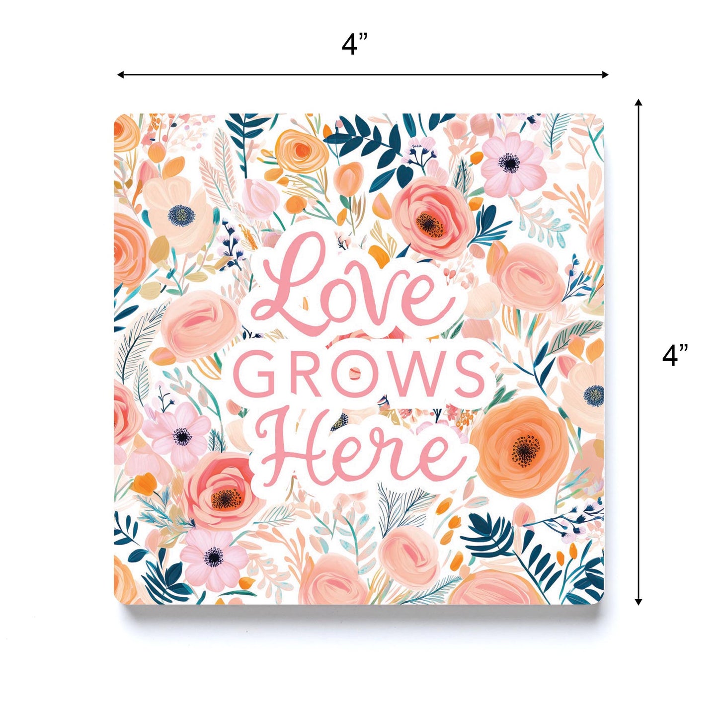 Ceramic Square Coaster-Love Grows Here -3