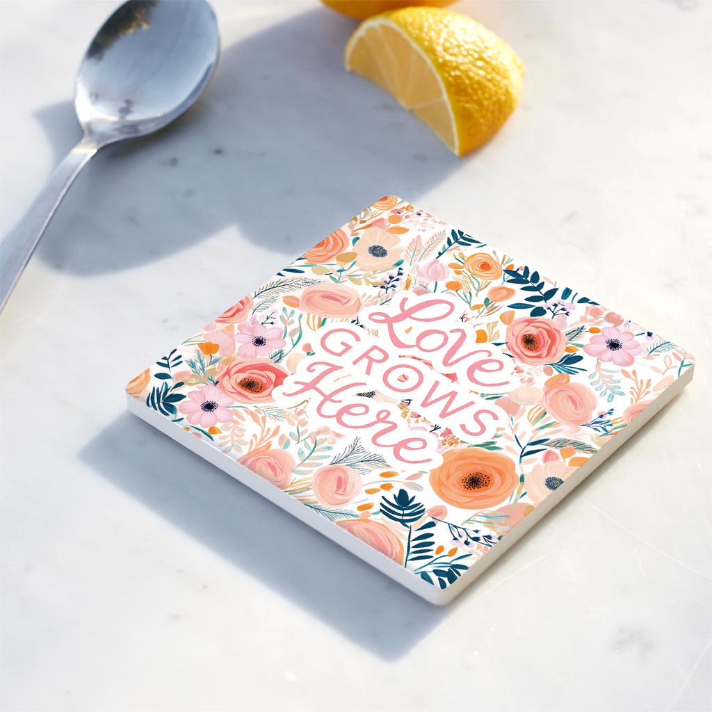 Ceramic Square Coaster-Love Grows Here -4