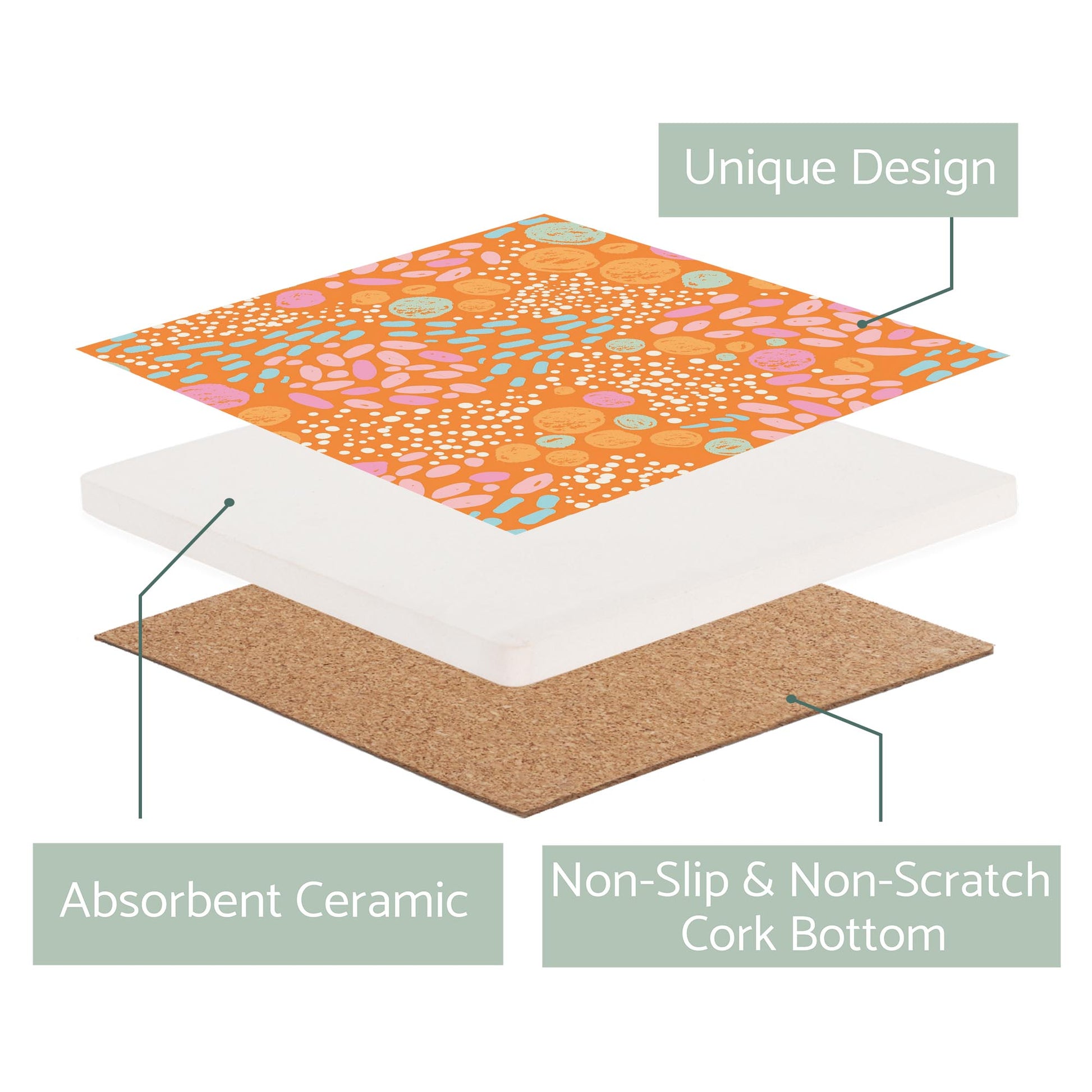 Ceramic Square Coaster-Bright Whimsical Orange Pattern -2