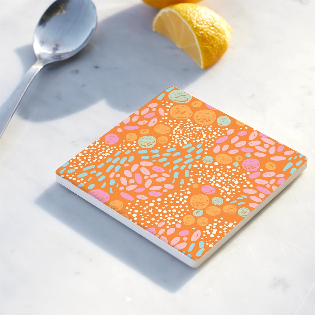 Ceramic Square Coaster-Bright Whimsical Orange Pattern -4
