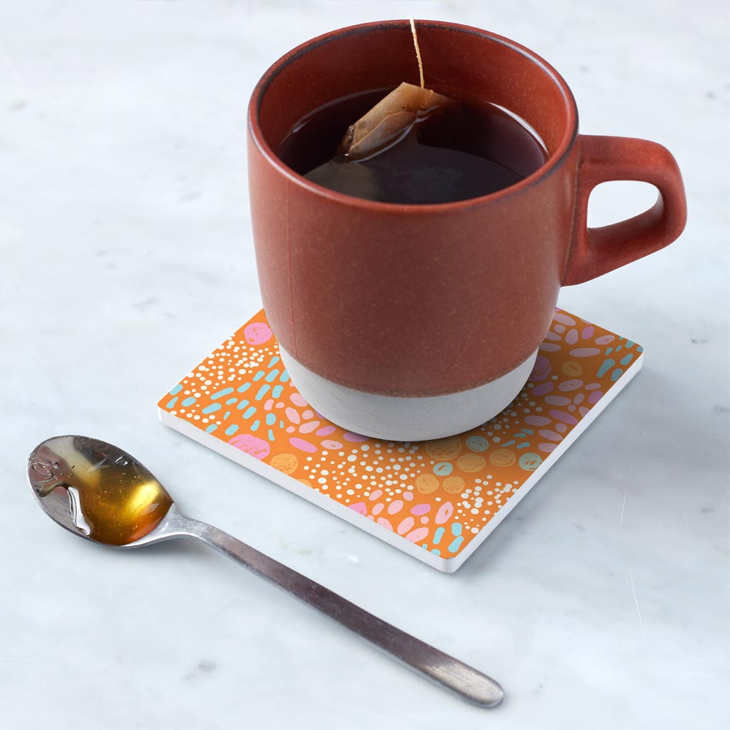 Ceramic Square Coaster-Bright Whimsical Orange Pattern -5