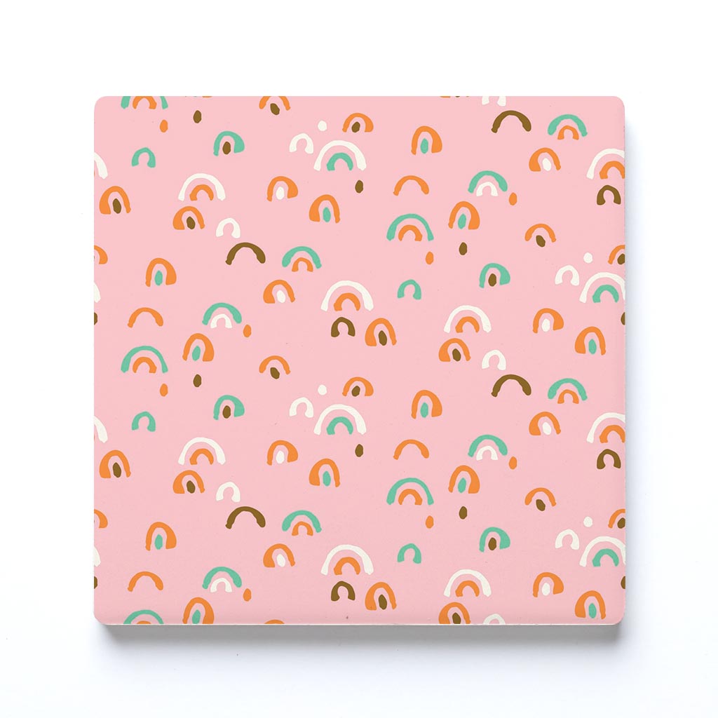 Ceramic Square Coaster-Bright Whimsical Pink Pattern -0