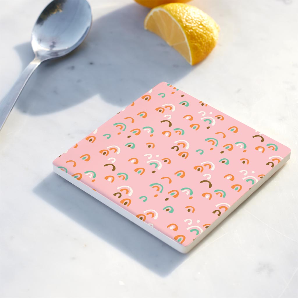 Ceramic Square Coaster-Bright Whimsical Pink Pattern -4