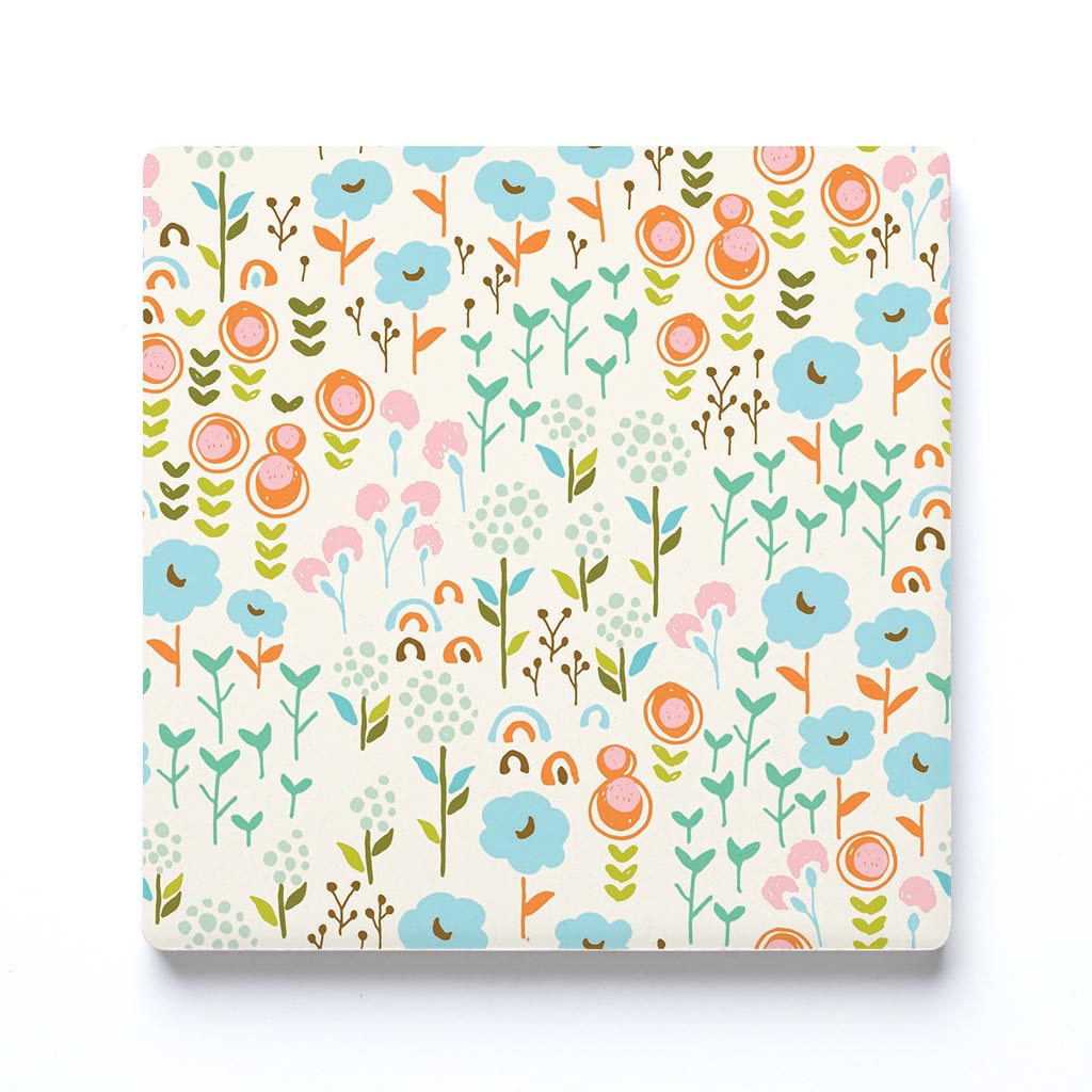 Ceramic Square Coaster-Bright Whimsical Floral Pattern -0