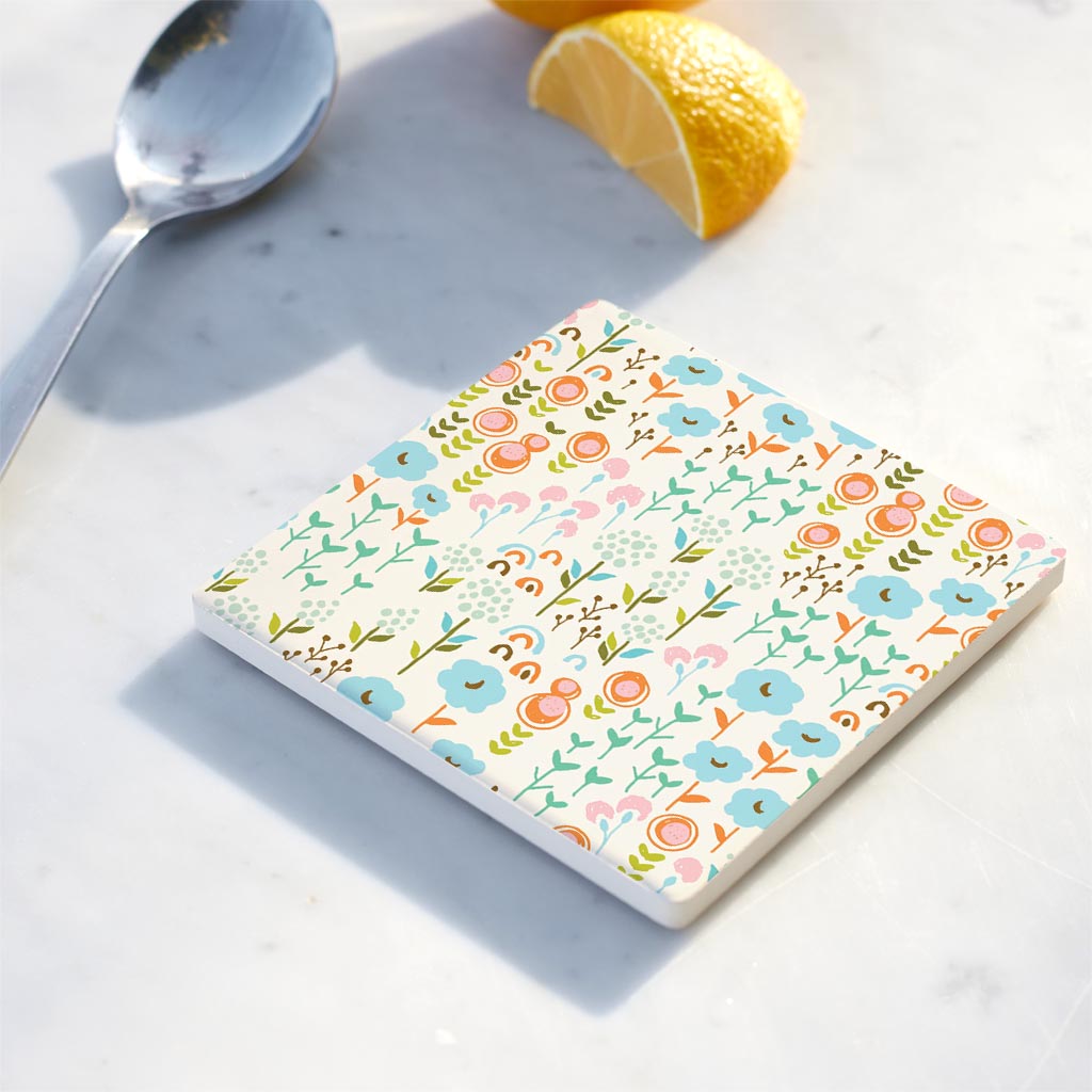 Ceramic Square Coaster-Bright Whimsical Floral Pattern -4