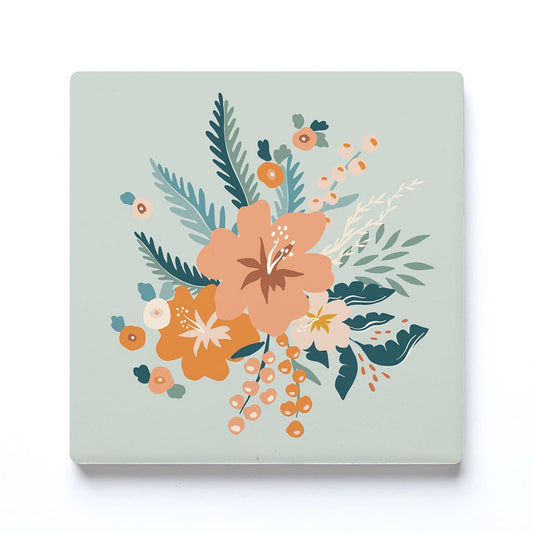 Ceramic Square Coaster-Vintage Florals Blue -0