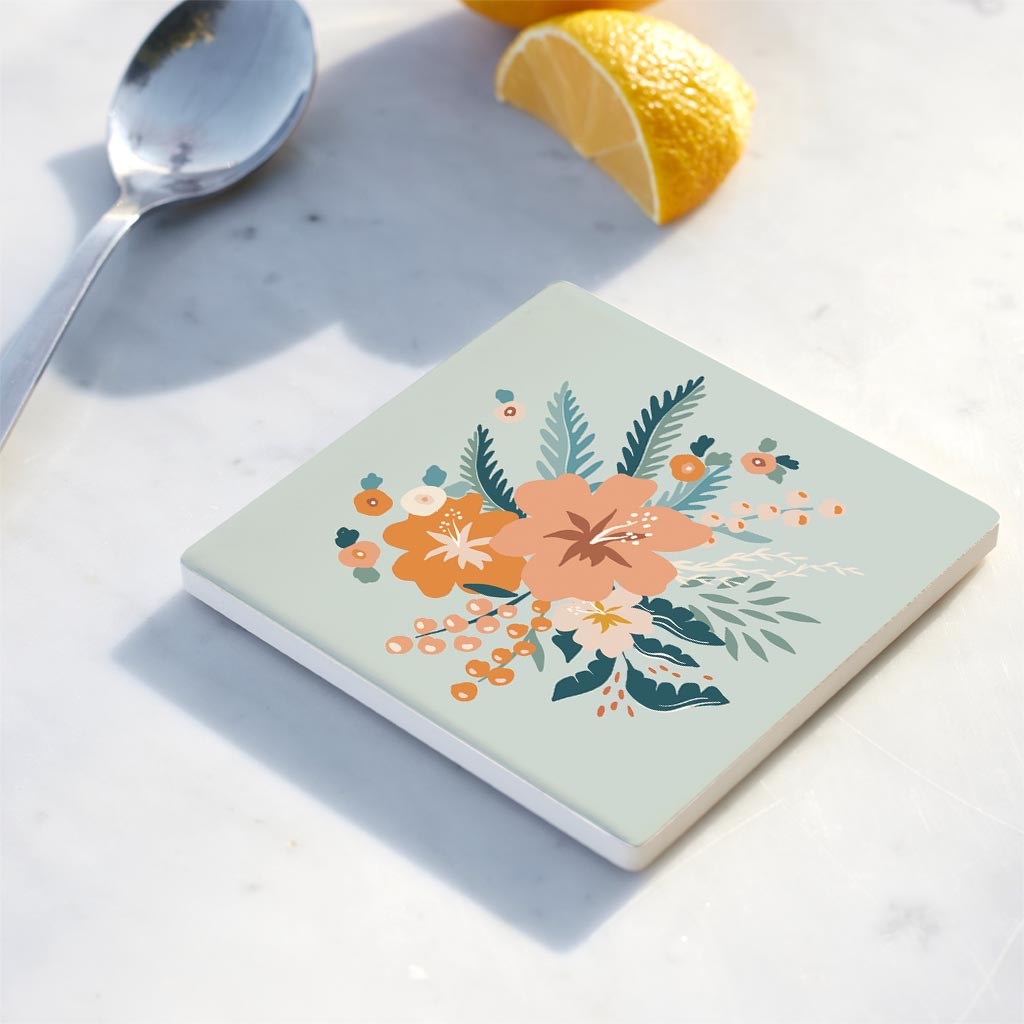 Ceramic Square Coaster-Vintage Florals Blue -4