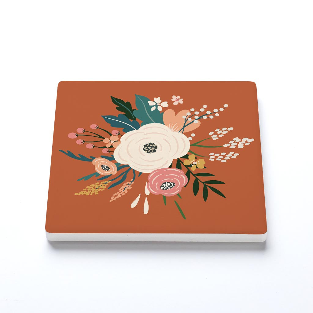 Ceramic Square Coaster-Vintage Florals Maroon -1