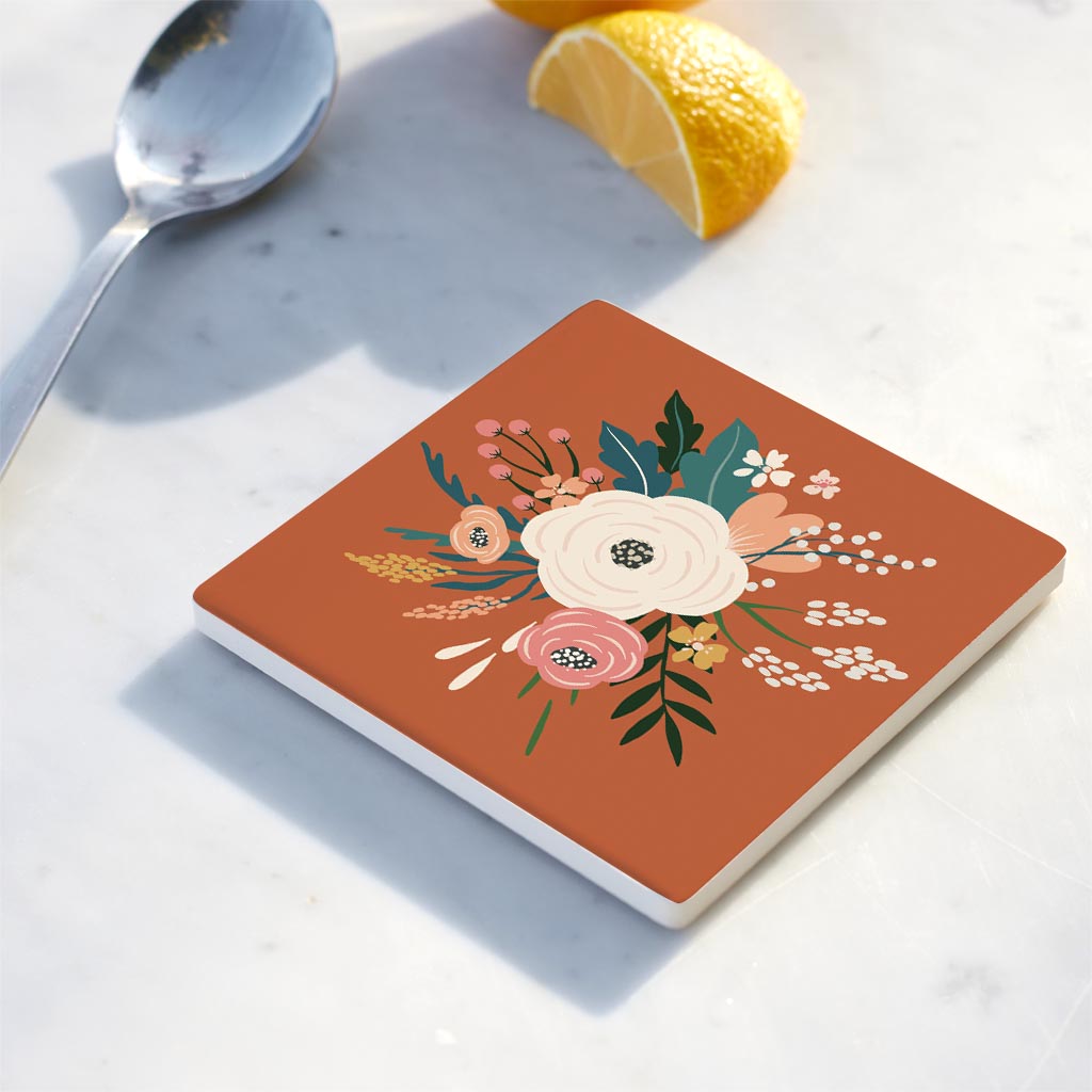 Ceramic Square Coaster-Vintage Florals Maroon -4