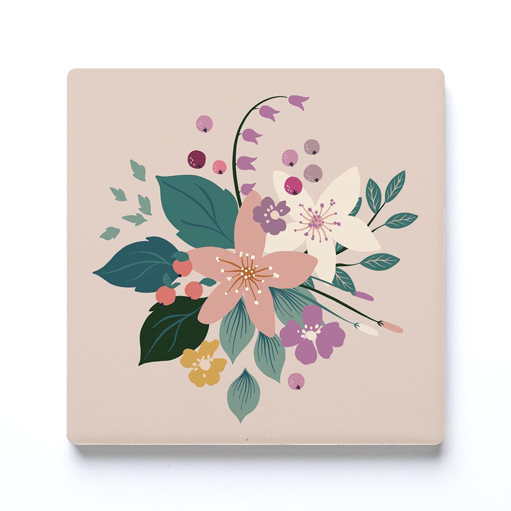 Ceramic Square Coaster-Vintage Florals Tan -0