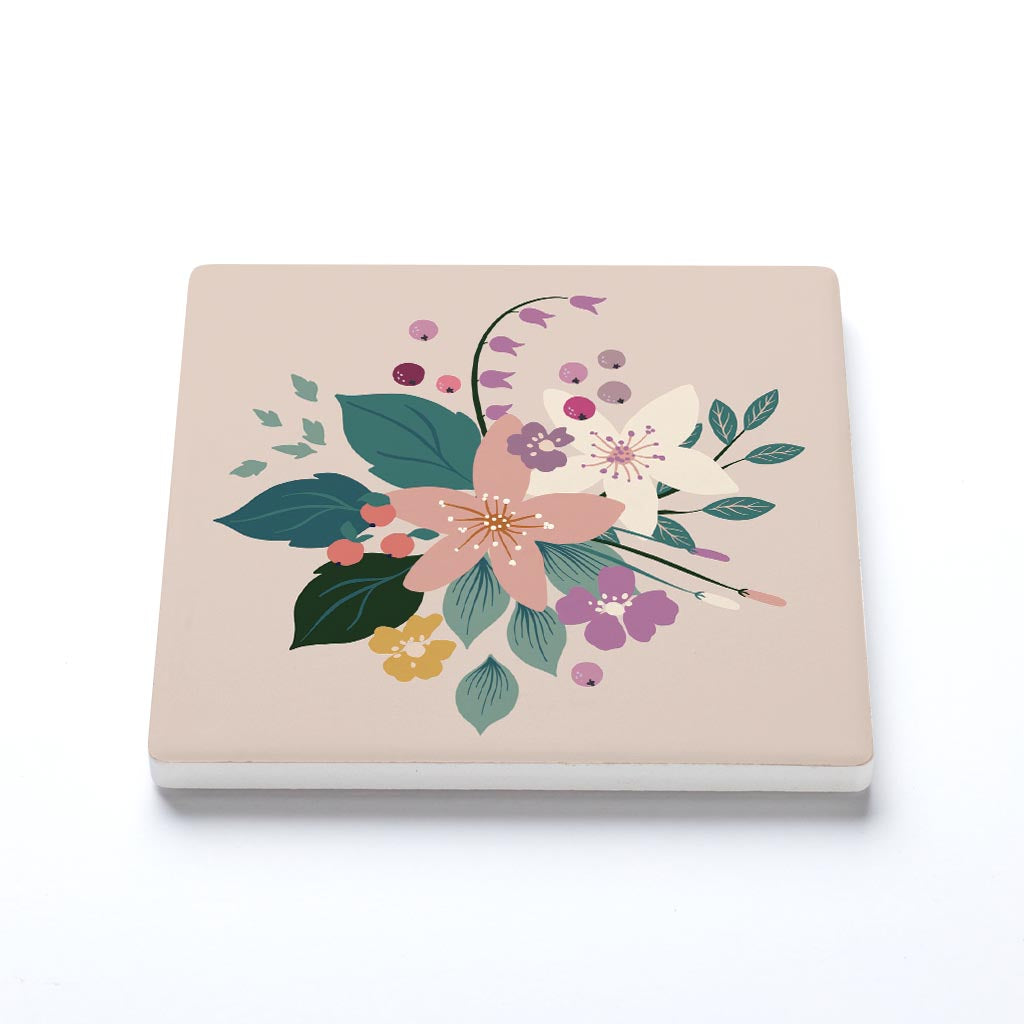 Ceramic Square Coaster-Vintage Florals Tan -1